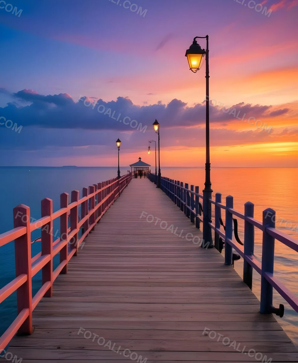 A Wooden Pier With Blue Railings And Lampposts Stretching Into The Ocean At Sunset The Sky Is A Mix Of Orange Pink And Blue 8 8cbd