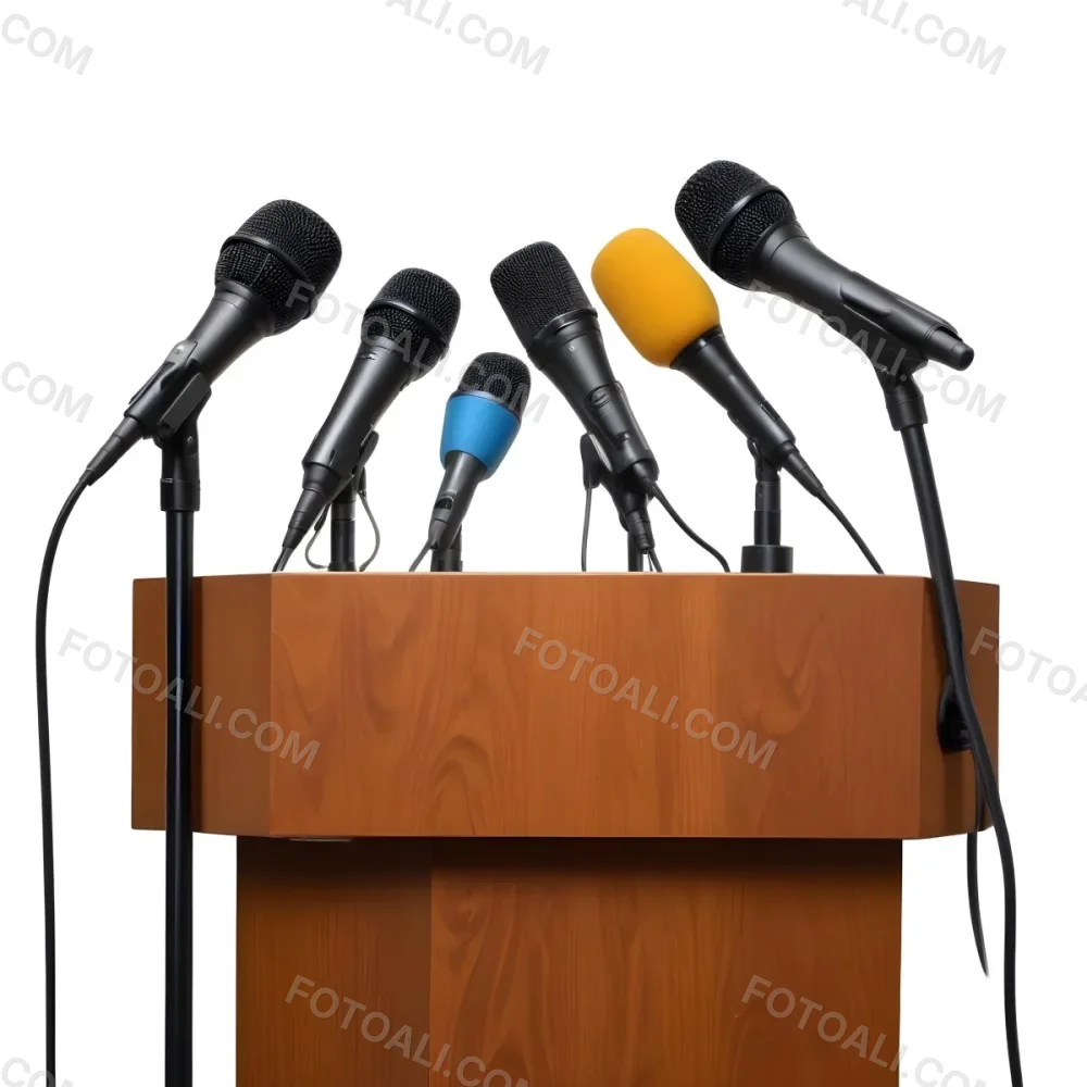 A Wooden Podium With Multiple Microphones With Different Colors In A White Background 10 A443
