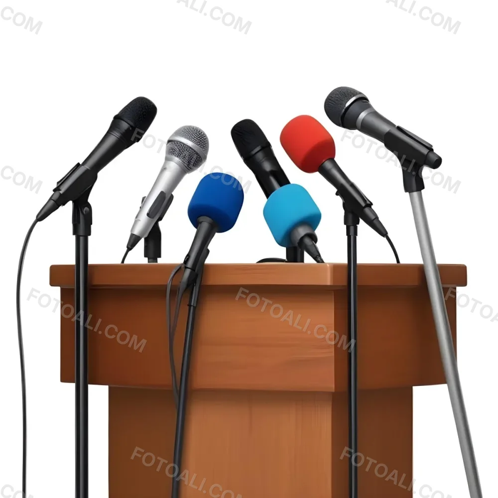 A Wooden Podium With Multiple Microphones With Different Colors In A White Background 11 54cc