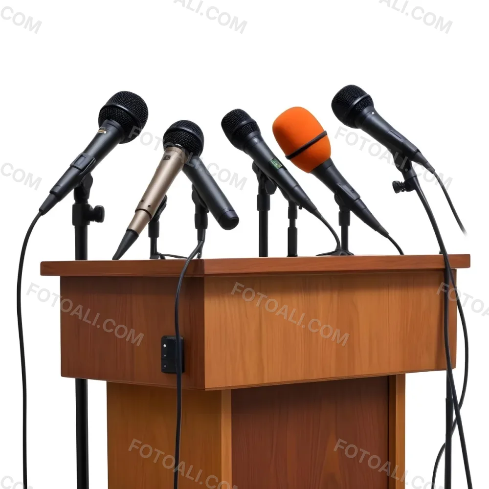 A Wooden Podium With Multiple Microphones With Different Colors In A White Background 18 D3ea