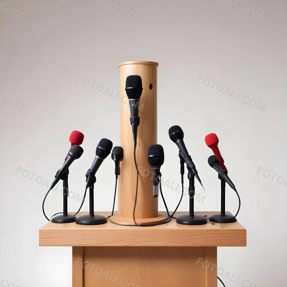 A Wooden Podium With Multiple Microphones With Different Colors In A White Background 2 A515
