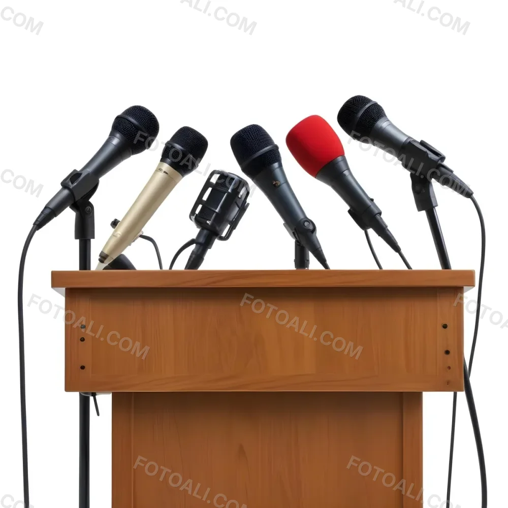 A Wooden Podium With Multiple Microphones With Different Colors In A White Background 20 4896