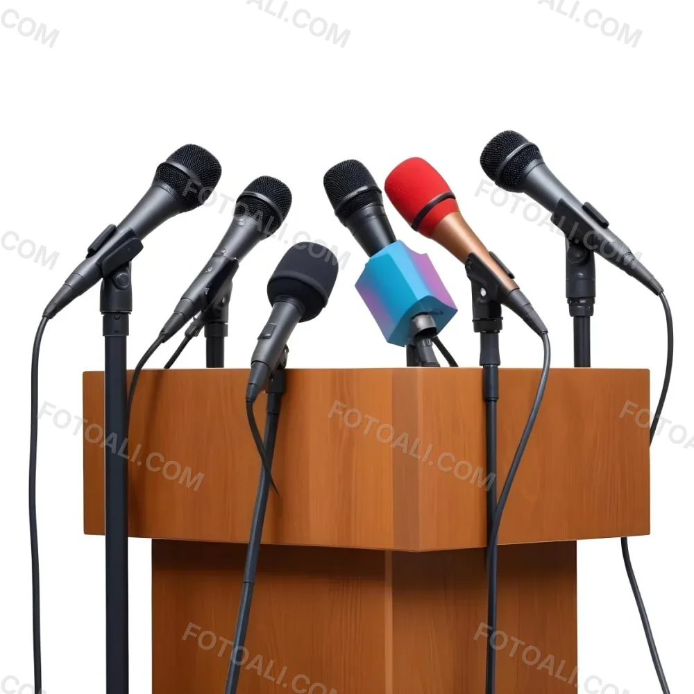 A Wooden Podium With Multiple Microphones With Different Colors In A White Background 21 Bf82
