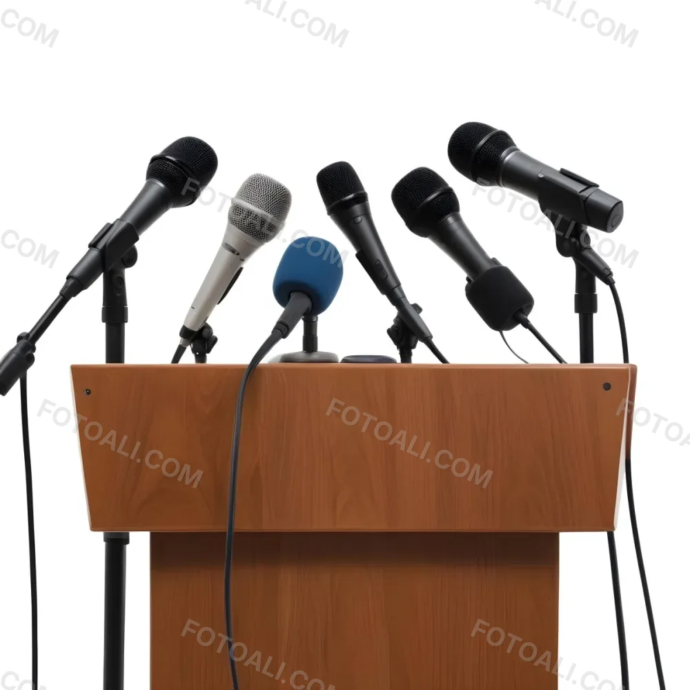 A Wooden Podium With Multiple Microphones With Different Colors In A White Background 22 09c8