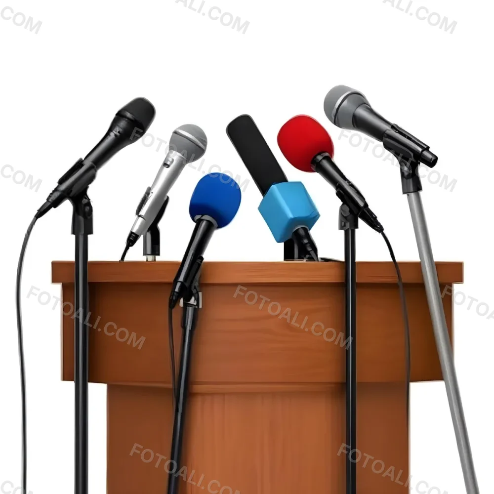 A Wooden Podium With Multiple Microphones With Different Colors In A White Background 3 1362