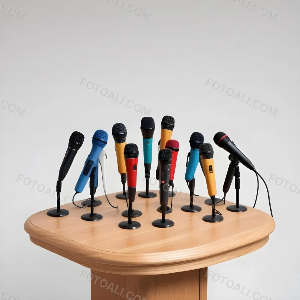 A Wooden Podium With Multiple Microphones With Different Colors In A White Background 4 D74f