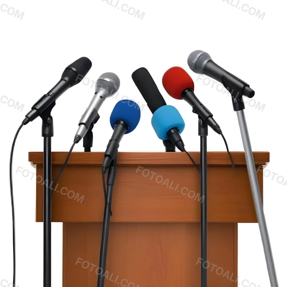 A Wooden Podium With Multiple Microphones With Different Colors In A White Background 5 F330