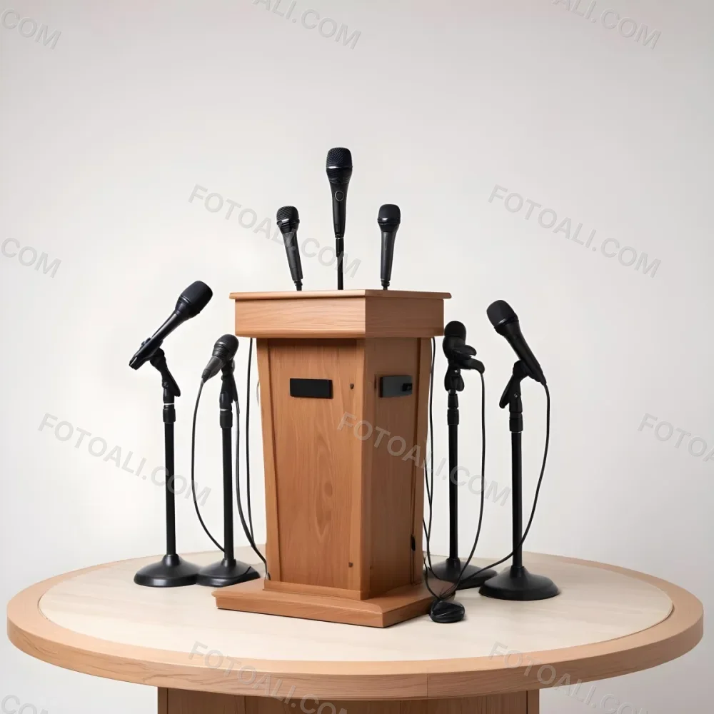 A Wooden Podium With Multiple Microphones With Different Colors In A White Background 6 7f86