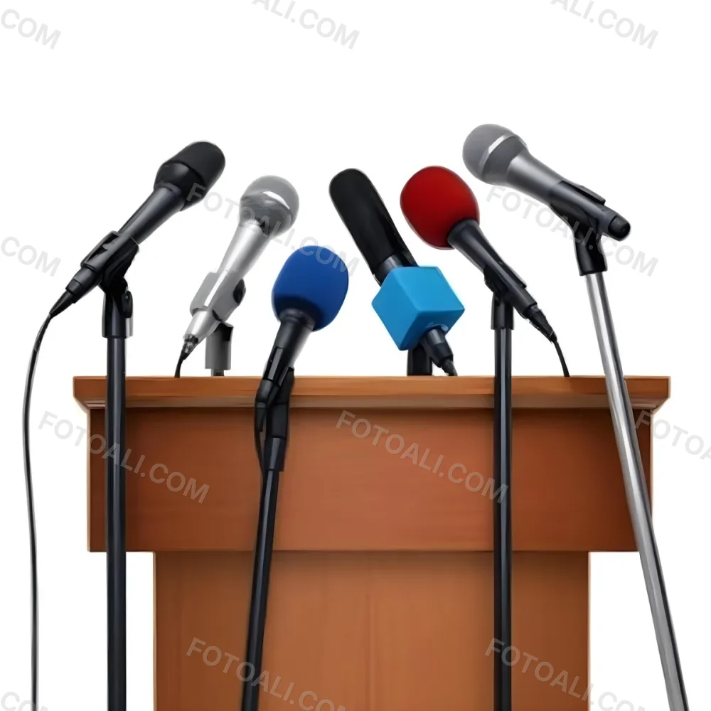 A Wooden Podium With Multiple Microphones With Different Colors In A White Background 7 A0b3