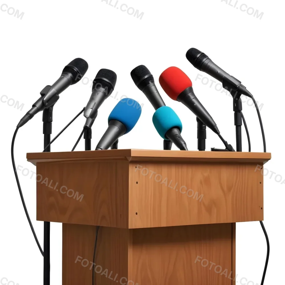 A Wooden Podium With Multiple Microphones With Different Colors In A White Background 8 D033