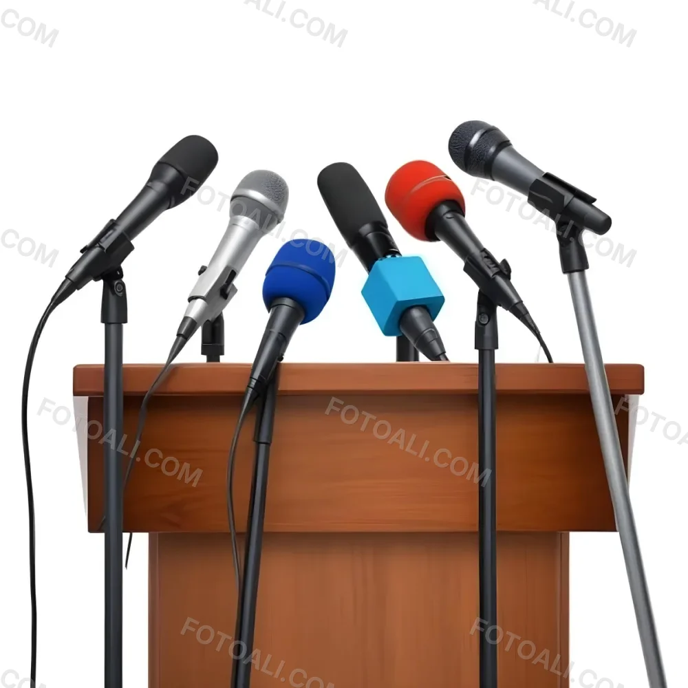 A Wooden Podium With Multiple Microphones With Different Colors In A White Background 9 0b4e