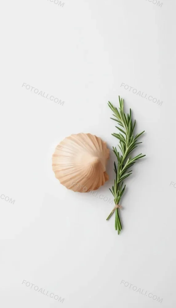 A Wooden Seashell And A Rosemary Branch On A White Background Minimalist Composition Soft Lighting Natural Materials Clean Aesthetic Studio Shot Simple Elegance Organic Elements 20 60cd