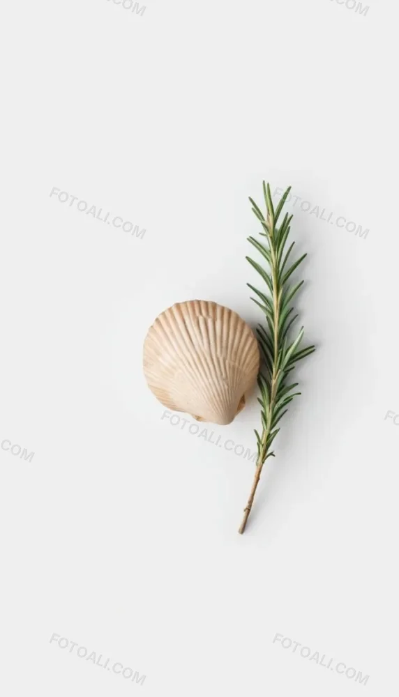 A Wooden Seashell And A Rosemary Branch On A White Background Minimalist Composition Soft Lighting Natural Materials Clean Aesthetic Studio Shot Simple Elegance Organic Elements 23 2d6d
