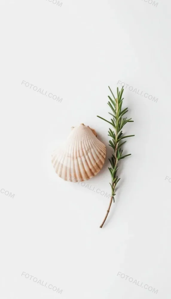 A Wooden Seashell And A Rosemary Branch On A White Background Minimalist Composition Soft Lighting Natural Materials Clean Aesthetic Studio Shot Simple Elegance Organic Elements 26 4875