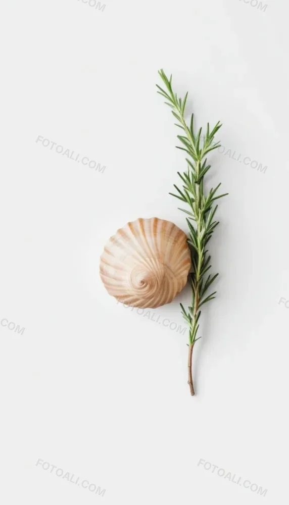 A Wooden Seashell And A Rosemary Branch On A White Background Minimalist Composition Soft Lighting Natural Materials Clean Aesthetic Studio Shot Simple Elegance Organic Elements 39 754c