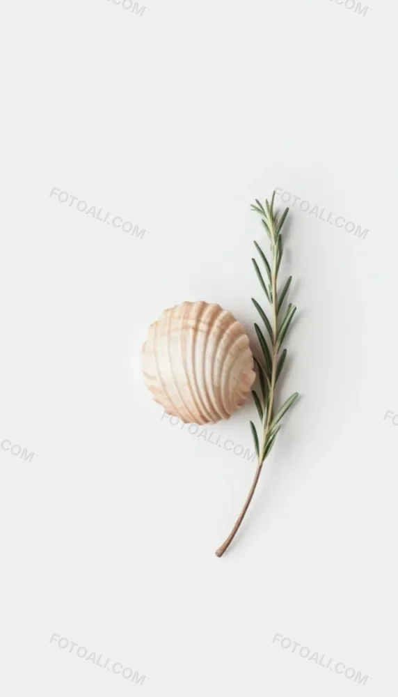 A Wooden Seashell And A Rosemary Branch On A White Background Minimalist Composition Soft Lighting Natural Materials Clean Aesthetic Studio Shot Simple Elegance Organic Elements 40 D970