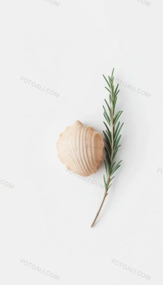 A Wooden Seashell And A Rosemary Branch On A White Background Minimalist Composition Soft Lighting Natural Materials Clean Aesthetic Studio Shot Simple Elegance Organic Elements 44 Edda