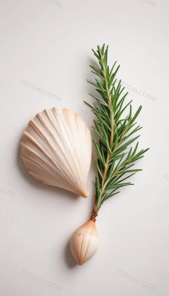A Wooden Seashell And A Rosemary Branch On A White Background Minimalist Composition Soft Lighting Natural Materials Clean Aesthetic Studio Shot Simple Elegance Organic Elements 45 15aa