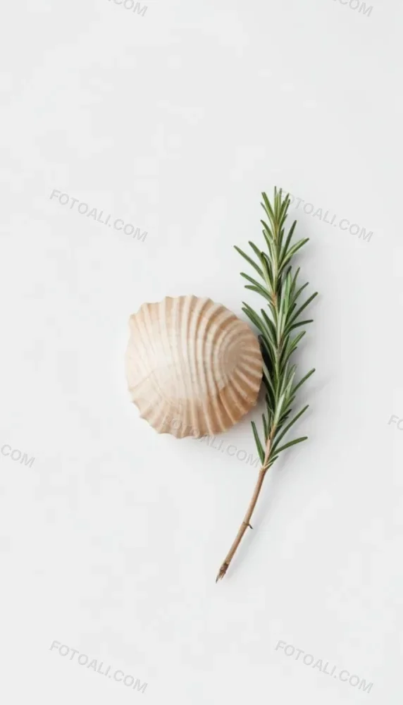 A Wooden Seashell And A Rosemary Branch On A White Background Minimalist Composition Soft Lighting Natural Materials Clean Aesthetic Studio Shot Simple Elegance Organic Elements 5 F6f0