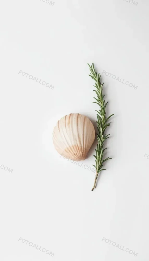 A Wooden Seashell And A Rosemary Branch On A White Background Minimalist Composition Soft Lighting Natural Materials Clean Aesthetic Studio Shot Simple Elegance Organic Elements 6 2d2f