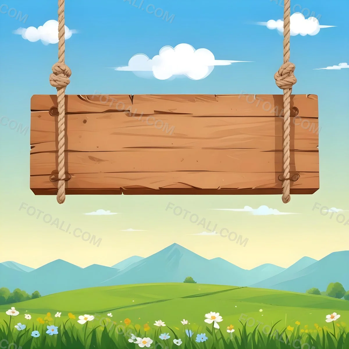 A Wooden Sign Hanging From Ropes Against A Backdrop Of A Green Field With Flowers And A Blue Sky With Clouds Cartoon Style 11 177d