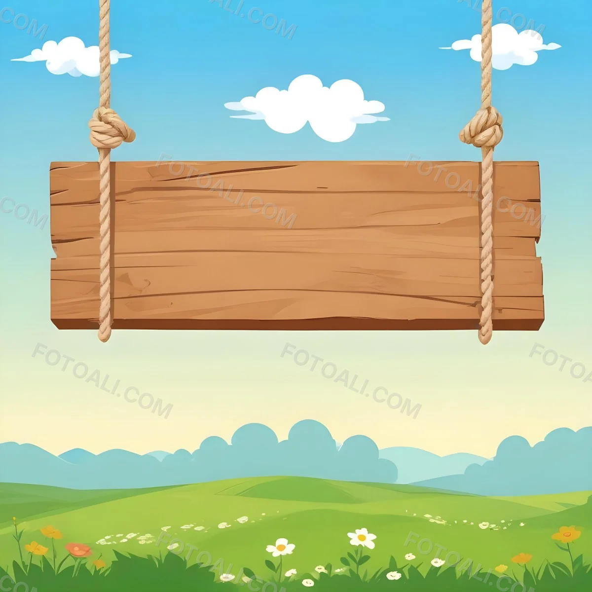 A Wooden Sign Hanging From Ropes Against A Backdrop Of A Green Field With Flowers And A Blue Sky With Clouds Cartoon Style 12 A5a2