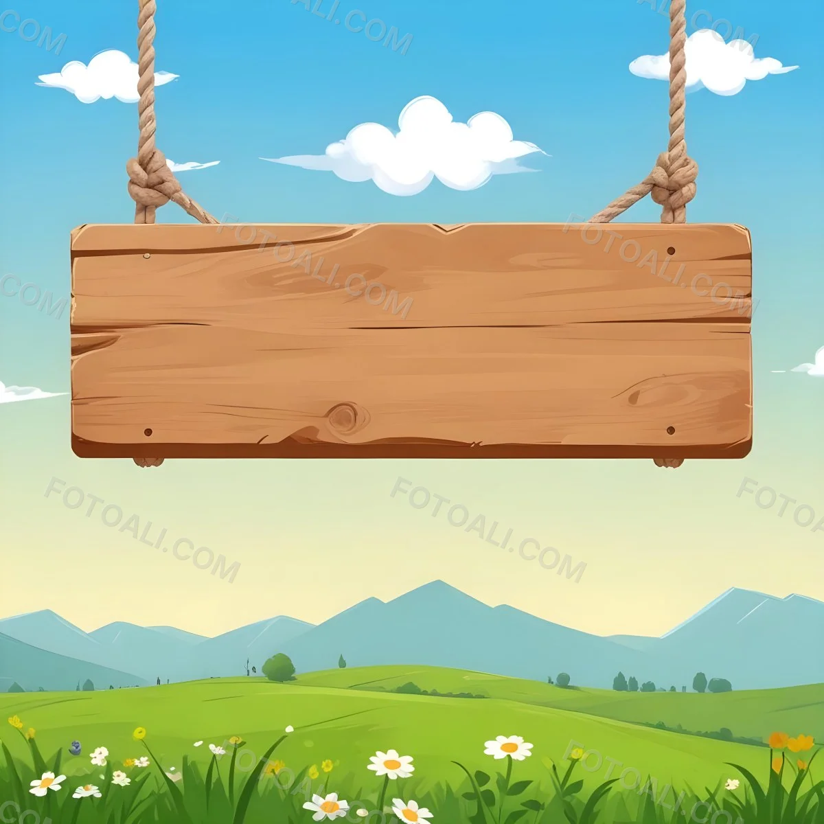 A Wooden Sign Hanging From Ropes Against A Backdrop Of A Green Field With Flowers And A Blue Sky With Clouds Cartoon Style 20 F4bd