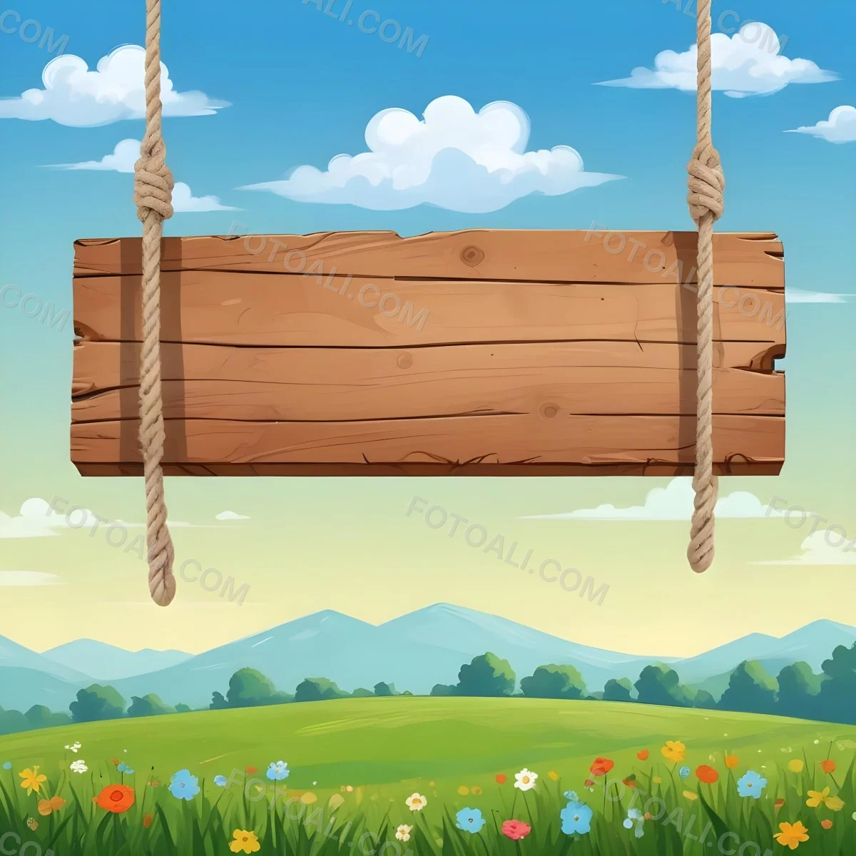 A Wooden Sign Hanging From Ropes Against A Backdrop Of A Green Field With Flowers And A Blue Sky With Clouds Cartoon Style 21 2d2d