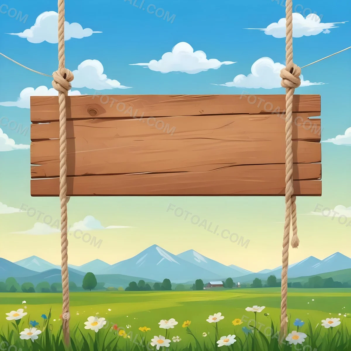 A Wooden Sign Hanging From Ropes Against A Backdrop Of A Green Field With Flowers And A Blue Sky With Clouds Cartoon Style 25 Bf94