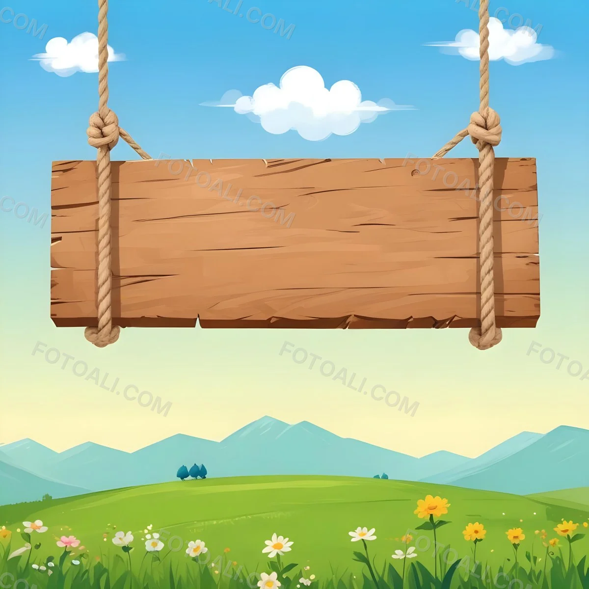 A Wooden Sign Hanging From Ropes Against A Backdrop Of A Green Field With Flowers And A Blue Sky With Clouds Cartoon Style 27 99a2