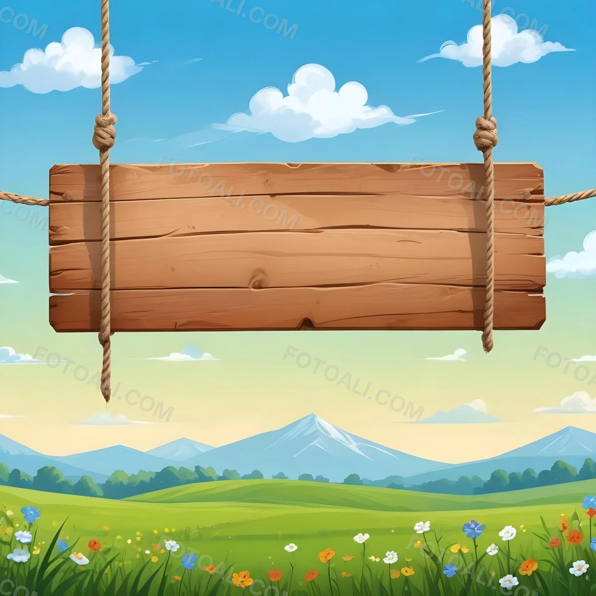 A Wooden Sign Hanging From Ropes Against A Backdrop Of A Green Field With Flowers And A Blue Sky With Clouds Cartoon Style 3 7f7b