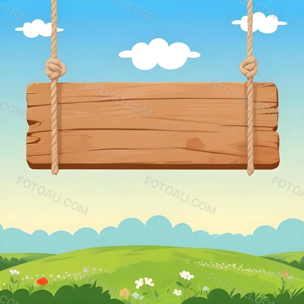 A Wooden Sign Hanging From Ropes Against A Backdrop Of A Green Field With Flowers And A Blue Sky With Clouds Cartoon Style 31 Aa7f