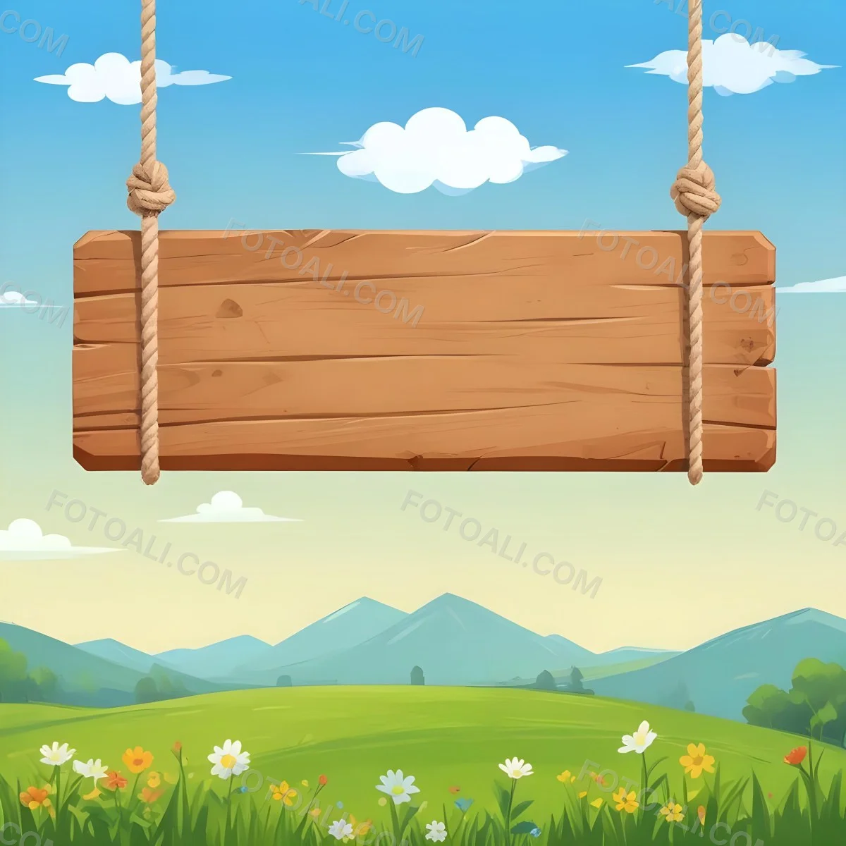 A Wooden Sign Hanging From Ropes Against A Backdrop Of A Green Field With Flowers And A Blue Sky With Clouds Cartoon Style 5 7b6b