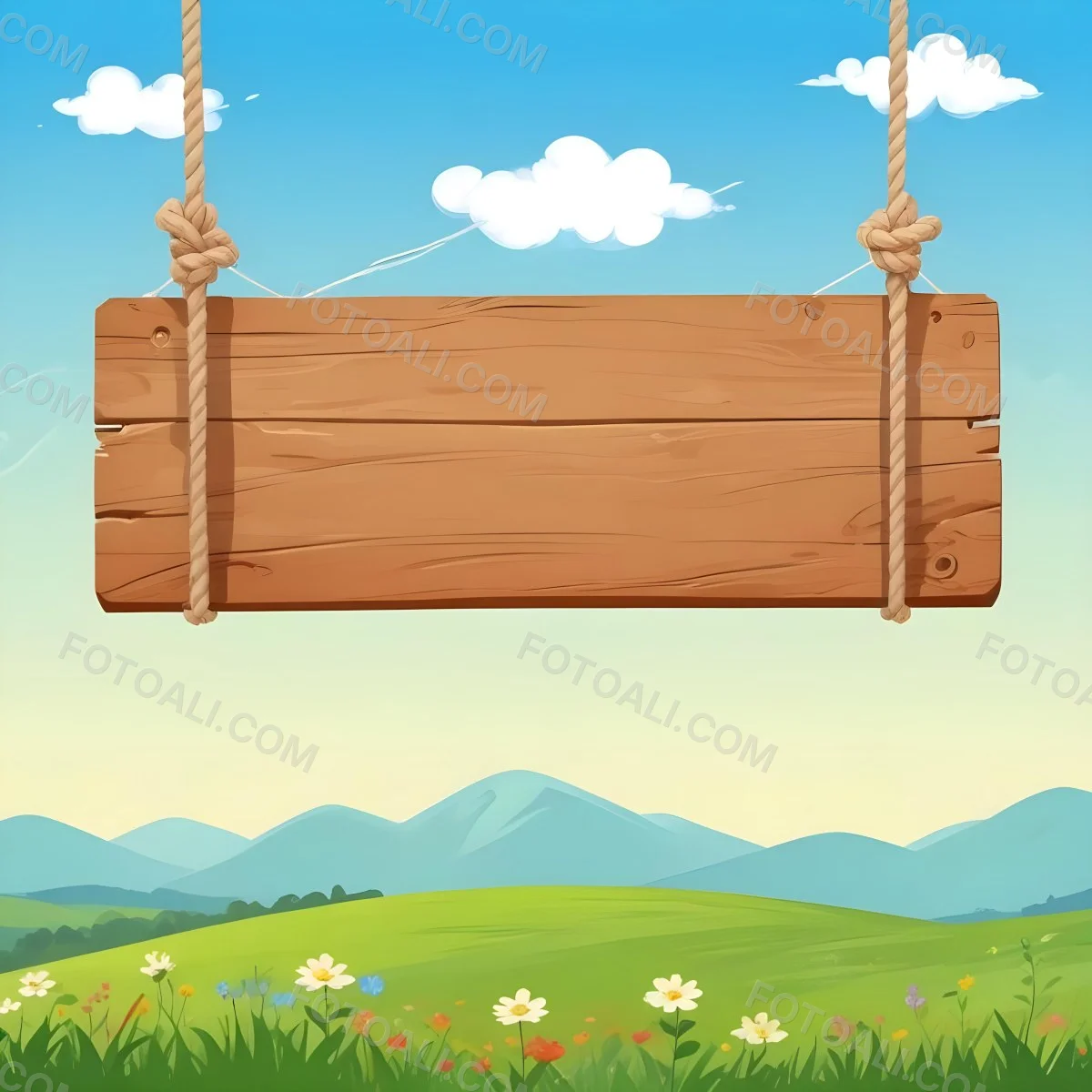 A Wooden Sign Hanging From Ropes Against A Backdrop Of A Green Field With Flowers And A Blue Sky With Clouds Cartoon Style 7 0e6b