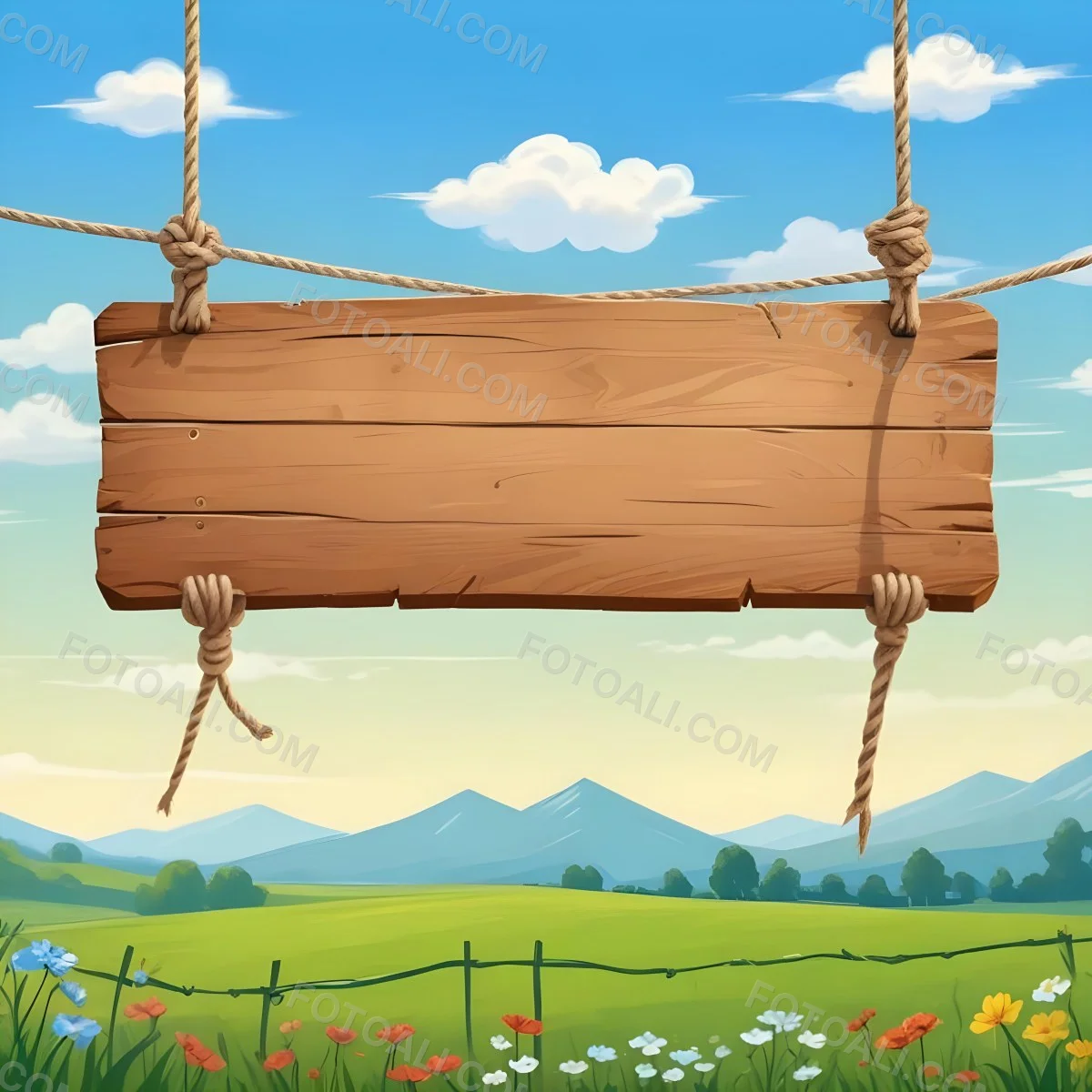 A Wooden Sign Hanging From Ropes Against A Backdrop Of A Green Field With Flowers And A Blue Sky With Clouds Cartoon Style 8 4cea