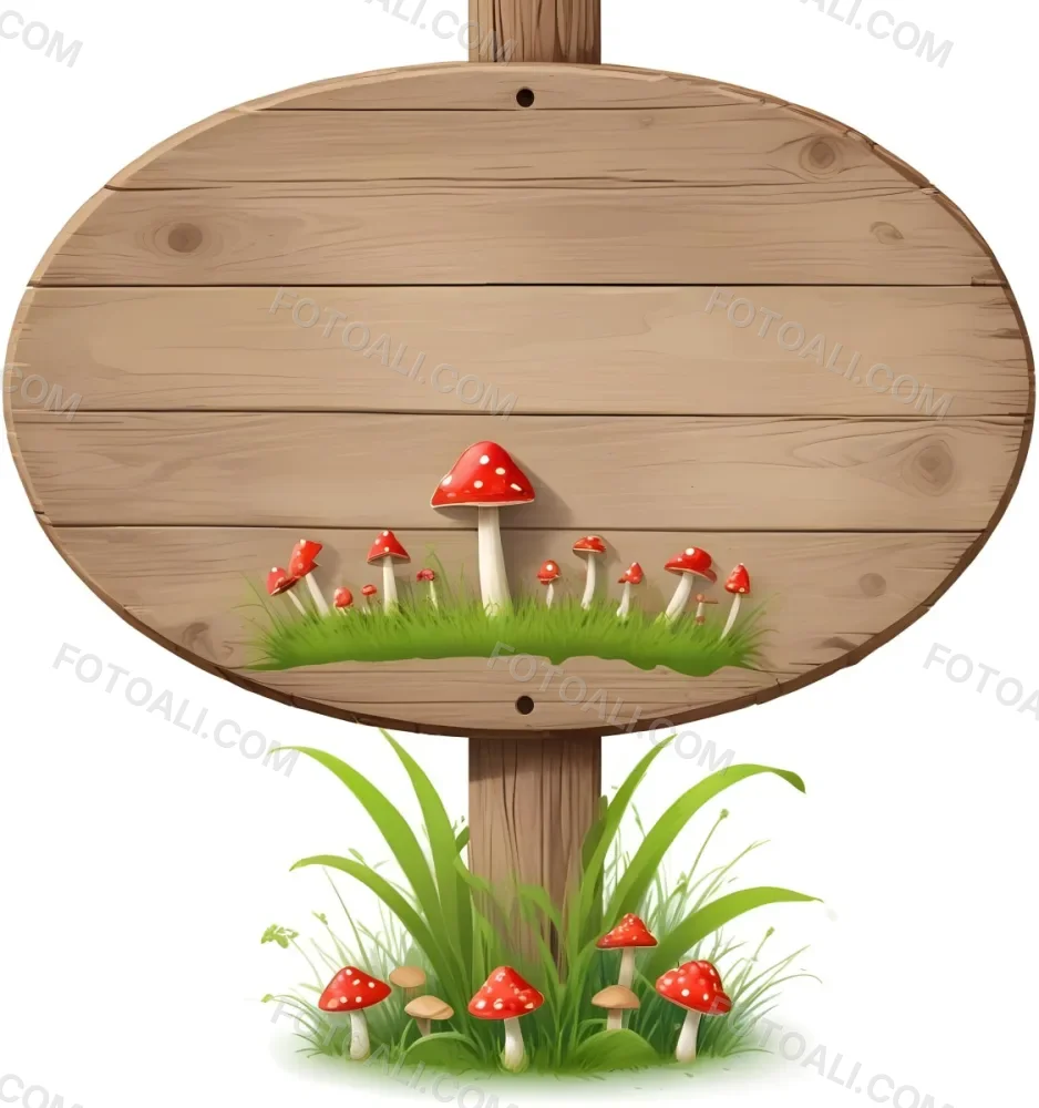 A Wooden Sign With An Oval Shape On A Wooden Pole Surrounded By Green Grass And Small Red Mushrooms Isolated On A White Background 10 F310