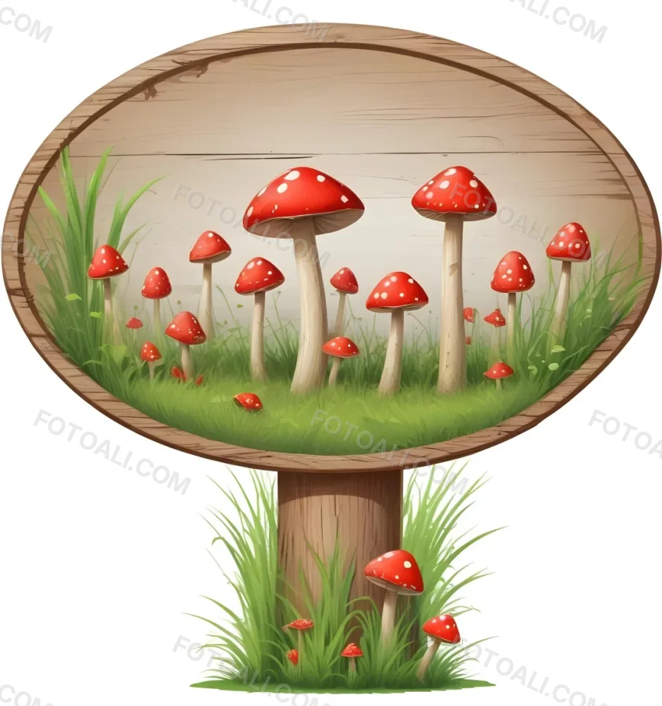 A Wooden Sign With An Oval Shape On A Wooden Pole Surrounded By Green Grass And Small Red Mushrooms Isolated On A White Background 13 8edf