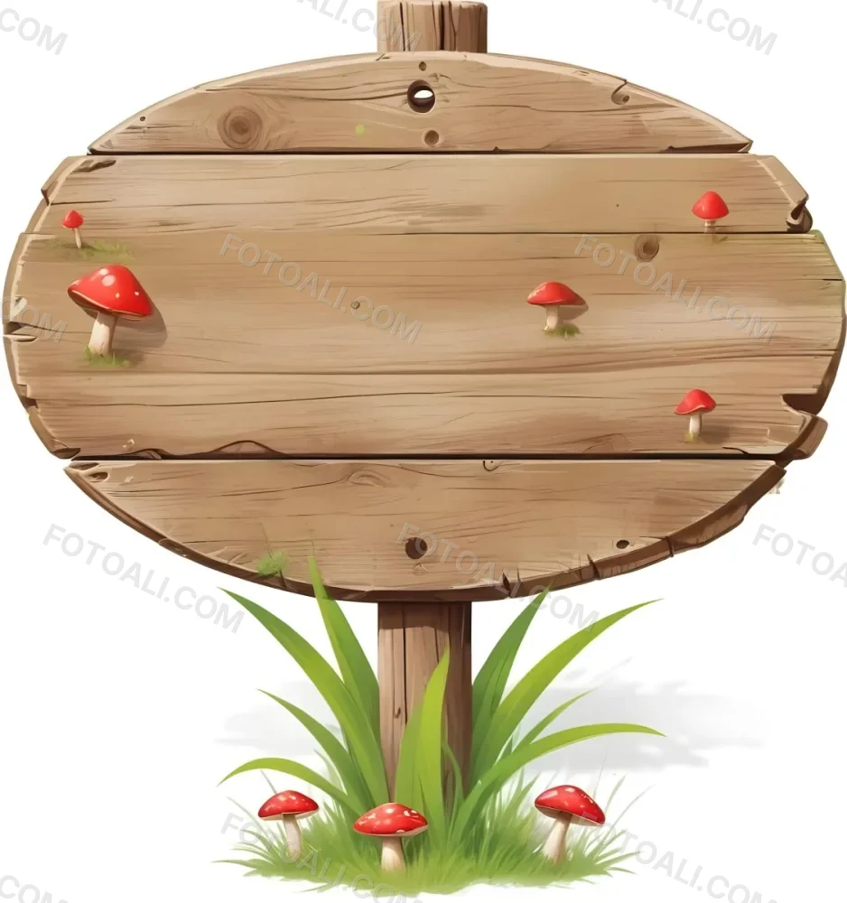 A Wooden Sign With An Oval Shape On A Wooden Pole Surrounded By Green Grass And Small Red Mushrooms Isolated On A White Background 16 2ab0