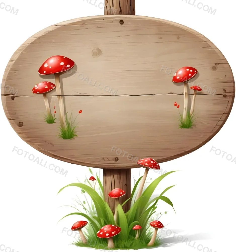 A Wooden Sign With An Oval Shape On A Wooden Pole Surrounded By Green Grass And Small Red Mushrooms Isolated On A White Background 19 268b