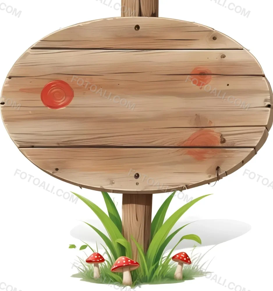 A Wooden Sign With An Oval Shape On A Wooden Pole Surrounded By Green Grass And Small Red Mushrooms Isolated On A White Background 20 C0ef