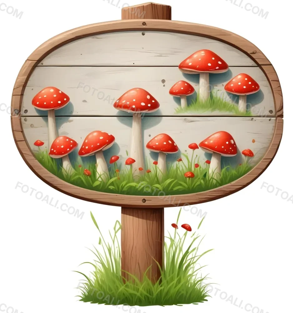 A Wooden Sign With An Oval Shape On A Wooden Pole Surrounded By Green Grass And Small Red Mushrooms Isolated On A White Background 27 9152