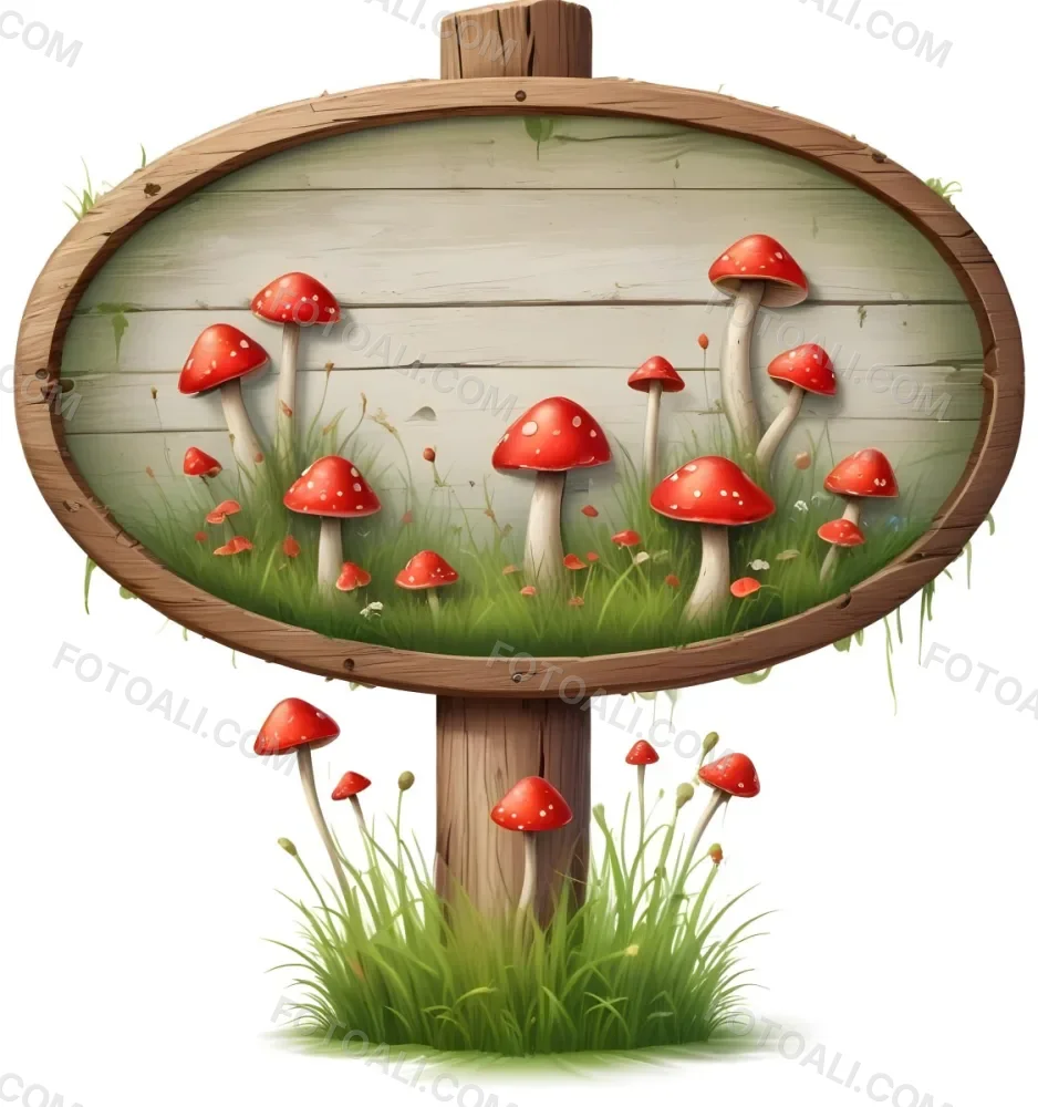 A Wooden Sign With An Oval Shape On A Wooden Pole Surrounded By Green Grass And Small Red Mushrooms Isolated On A White Background 32 1ccd