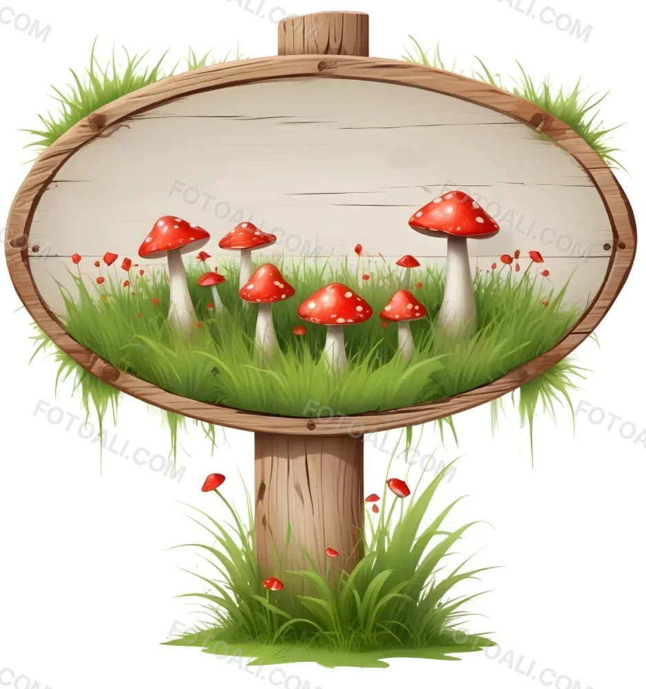 A Wooden Sign With An Oval Shape On A Wooden Pole Surrounded By Green Grass And Small Red Mushrooms Isolated On A White Background 34 9ea3