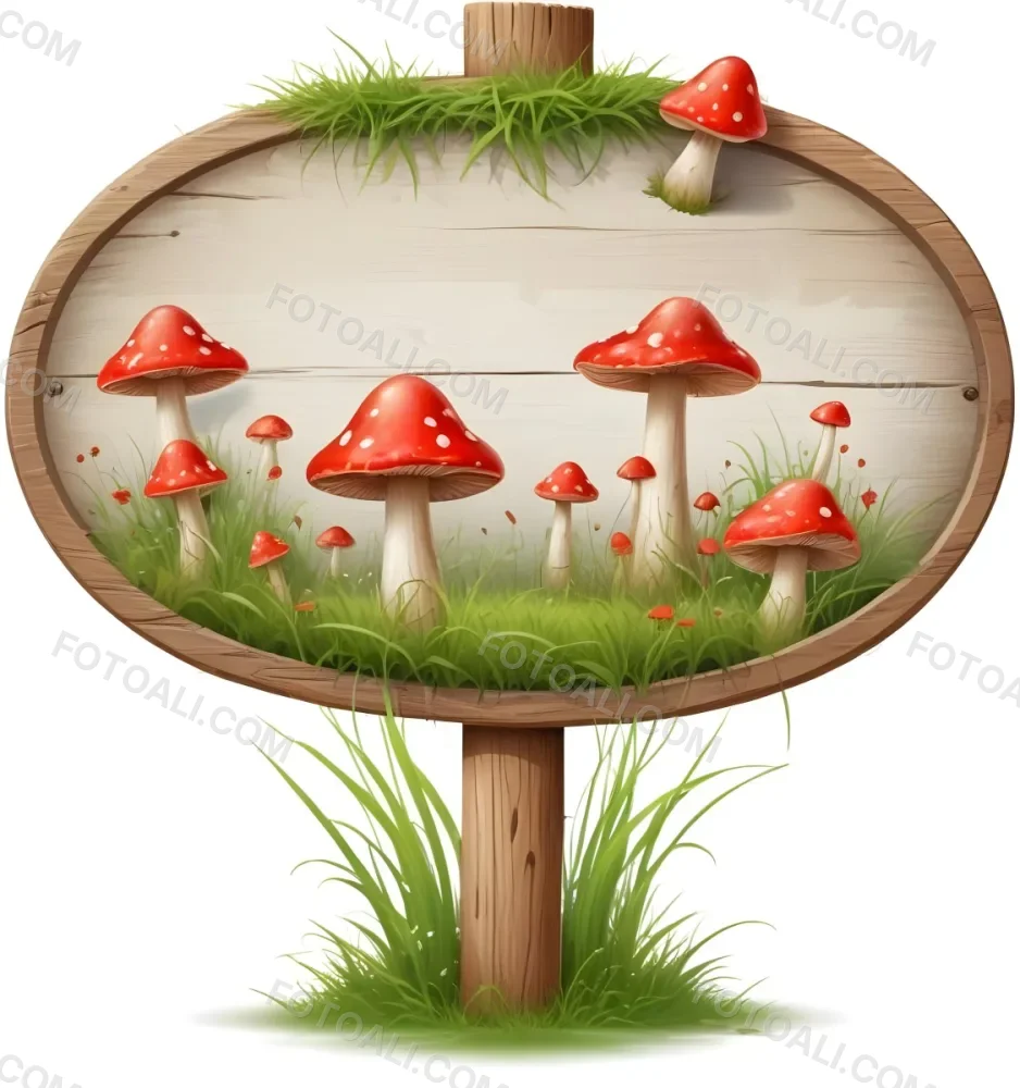 A Wooden Sign With An Oval Shape On A Wooden Pole Surrounded By Green Grass And Small Red Mushrooms Isolated On A White Background 35 636e