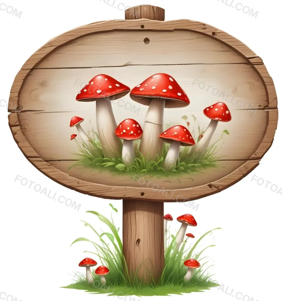 A Wooden Sign With An Oval Shape On A Wooden Pole Surrounded By Green Grass And Small Red Mushrooms Isolated On A White Background 39 D96a