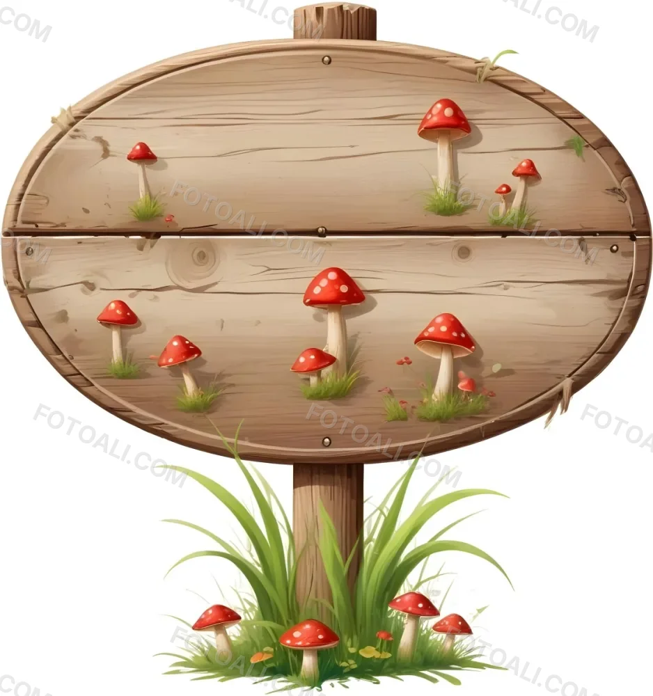 A Wooden Sign With An Oval Shape On A Wooden Pole Surrounded By Green Grass And Small Red Mushrooms Isolated On A White Background 5 6a40