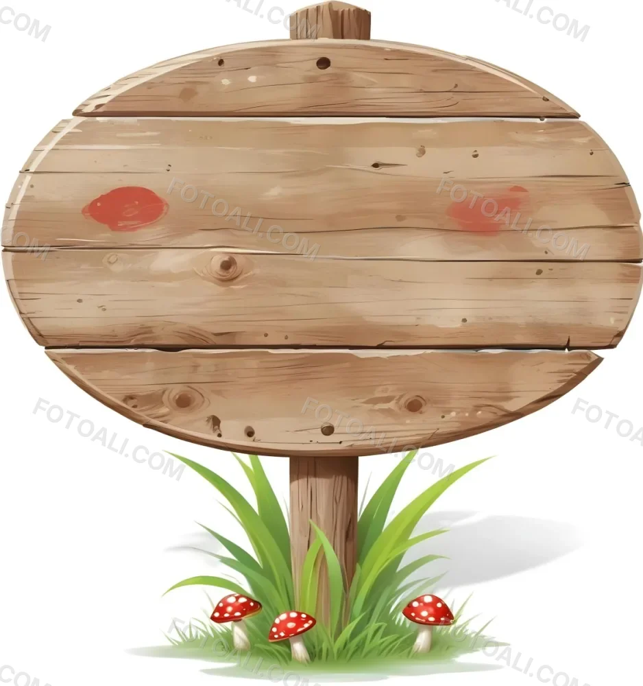 A Wooden Sign With An Oval Shape On A Wooden Pole Surrounded By Green Grass And Small Red Mushrooms Isolated On A White Background 7 8354