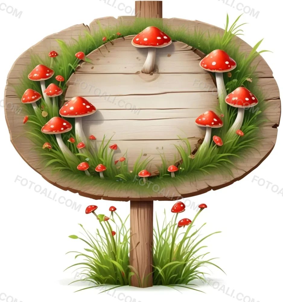 A Wooden Sign With An Oval Shape On A Wooden Pole Surrounded By Green Grass And Small Red Mushrooms Isolated On A White Background 8 Cd32