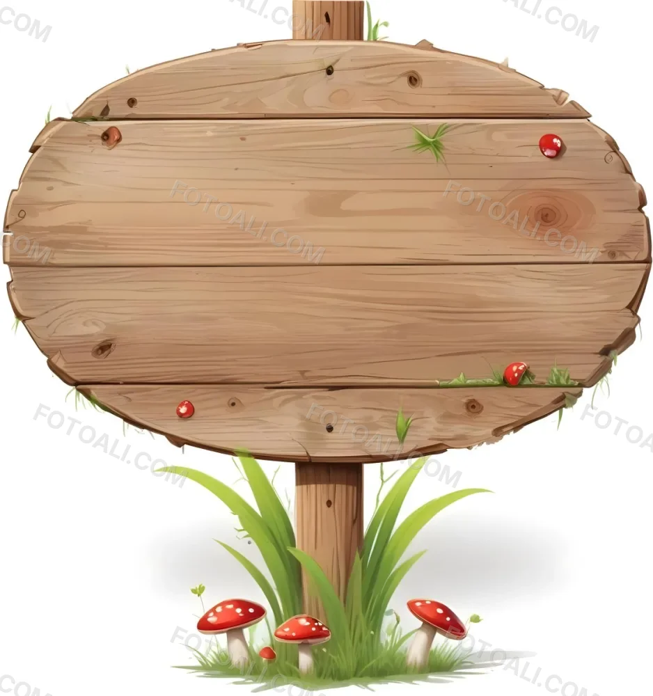 A Wooden Sign With An Oval Shape On A Wooden Pole Surrounded By Green Grass And Small Red Mushrooms Isolated On A White Background 9 2841