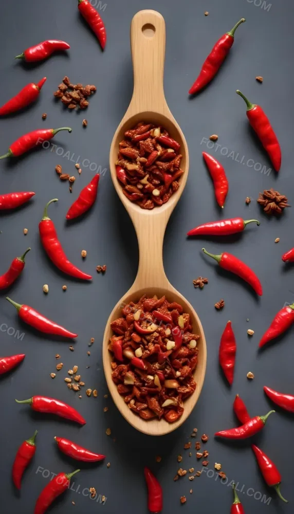 A Wooden Spoon Filled With Red Chili Peppers On A Bed Of Dried Chili Flakes 1 8d8e